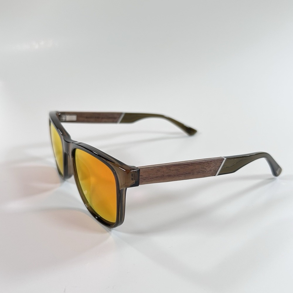 REI CAMP Trail Polarized Sunglasses Black Yellow Geometric Square Wood Walnut